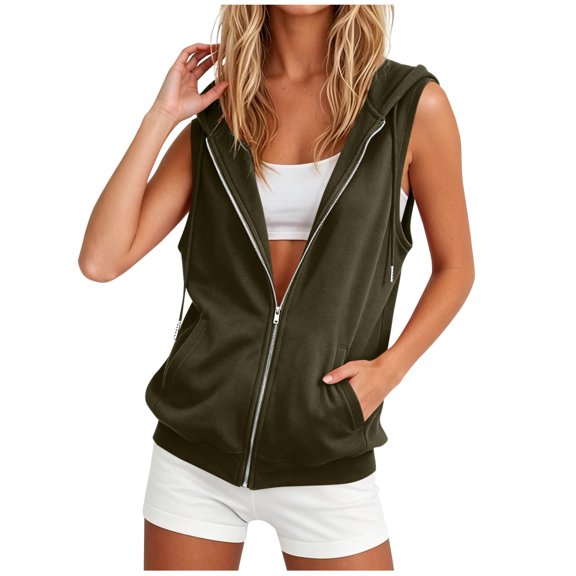 Women's Casual Zip Up Hooded Sleeveless Vest Jacket with Pockets Lightweight Relaxed Fit Sleeveless Outerwear for Women Everyday Travel Work Army Green L