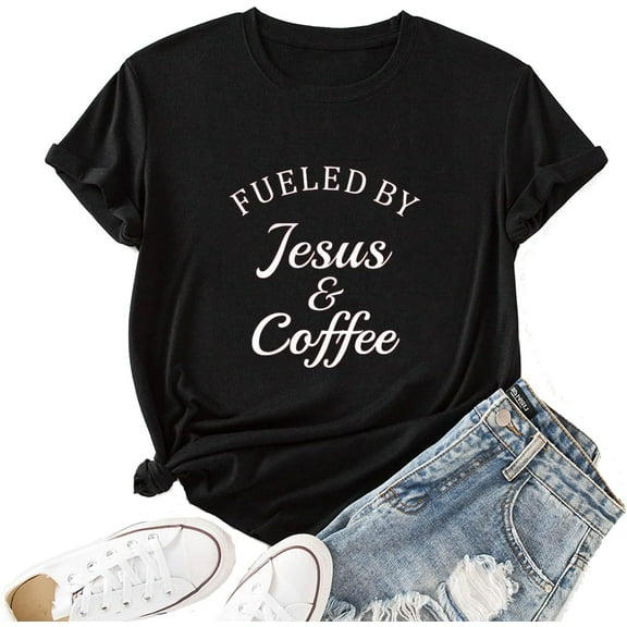 YourTops Women Fueled by Jesus and Coffee Funny Creative Graphic T-Shirt Christian Shirt