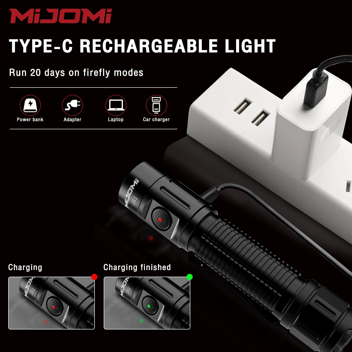 MIJOMI J81 Tactical Flashlight 1300 Lumen Compact Torch Dual Switch USB Rechargeable, Waterproof IP68 for Tactical Games, Camping,Outdoor