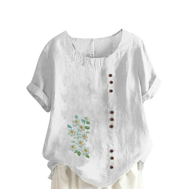 breaise Women's Cotton Linen Shirts Short Sleeve Crewneck Blouse Cute Florl Graphic Tee Casual Loose Fit Tunic T-shirt Blouse S-3XL Sans frais de transport