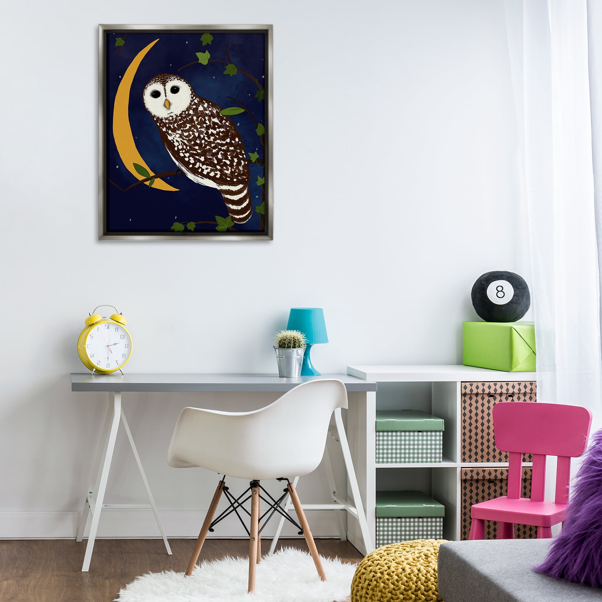 Stupell Industries Owl & Moon Forest Animals Painting Gray Floater Framed Canvas Art Print Wall Art, 25 x 31