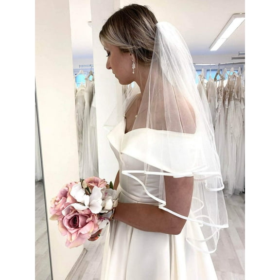 YooGuoGuo Wedding Veil Satin Trim 2 Tier Ivory Short Bridal Veil Fingertip Length with Ribbon Edge for Brides (Ivory)
