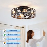 Dayu 20 Inch Matte Black Rustic Flush Mount Wildlife Forest Caged Enclosed Ceiling Fan with Light and Remote Control