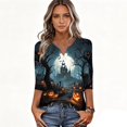 thumbnail image 4 of Halloween Shirts for Women Funny 3/4 Sleeve Tops Horror Pumpkin Castle Printed Pullover Spooky Button V Neck T Shirts Holiday Three Quarter Length Blouses, M, 4 of 6