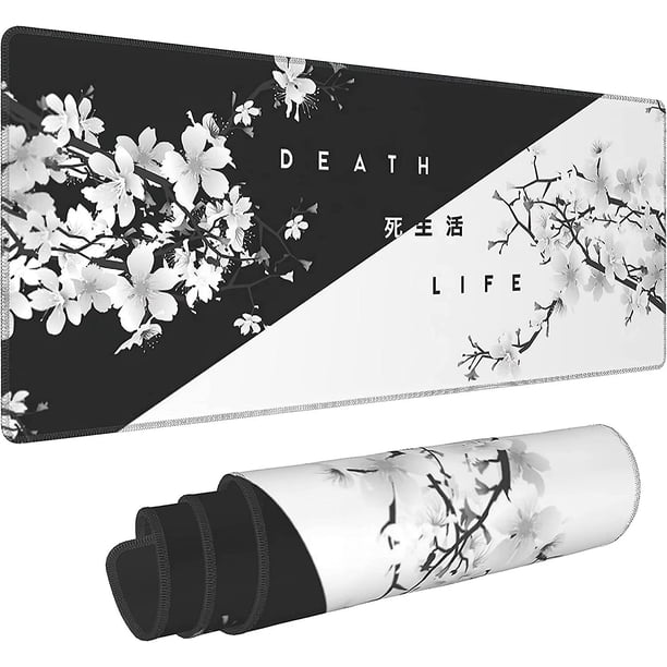 Alfombrilla de ratón de flor de cerezo blanco y negro, alfombrilla de escritorio extendida Sakura Death Life 80x30 cm, base de goma antideslizante, borde cosido, gran playmat Xl para juegos, lapto Afortunado Sencillez