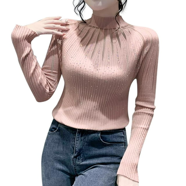 WTXUE Turtleneck Sweatshirt Ribbed Long Sleeve Tops New Designs Spring and Autumn Knitted Lace Sweaters Pullover High Neck Slim Sweaters Crochet Sweaters Mesh Sweaters Fall Sweatshirt Pink S