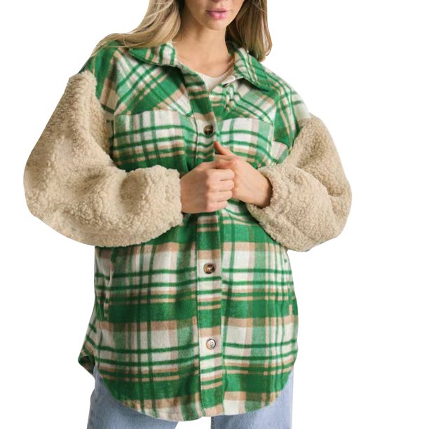 Chaqueta Gibobby de cuadros en contraste para mujer de oveja engrosada invierno verde M
