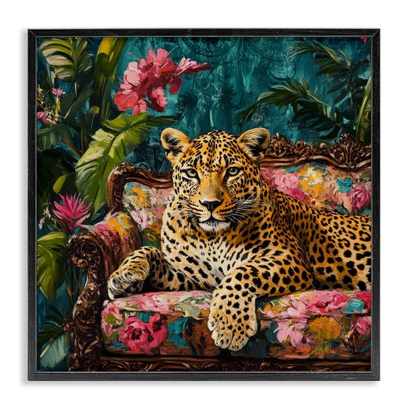 Stupell Industries Fashionable Leopard on Floral Sofa Black Framed Giclee Art, design by Petal Prints Design