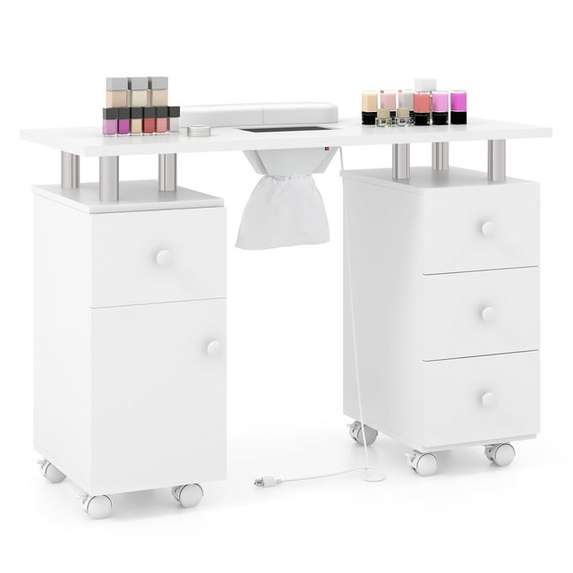 Gymax Manicure Table Nail Desk w/ Electric Dust Collector 3 Dust Bags Wrist Rest White