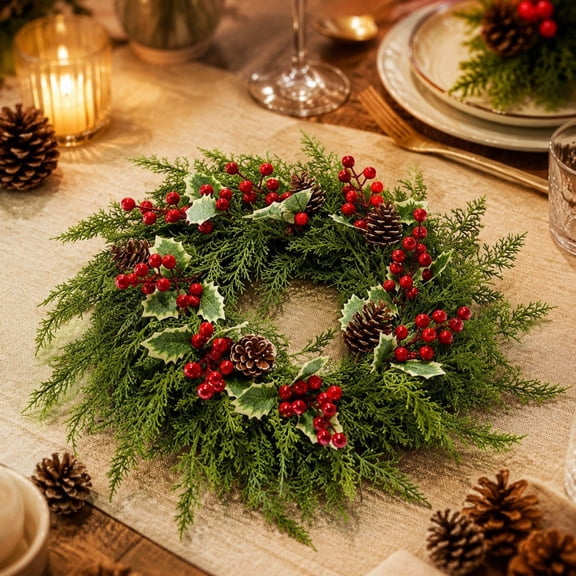 Gumesh Artificial Christmas Wreath for Front Door - 10 Inch Winter Wreaths with Red Berries Faux Greenery for Wall Window Porch Farmhouse Home Holiday Indoor Outdoor Decor