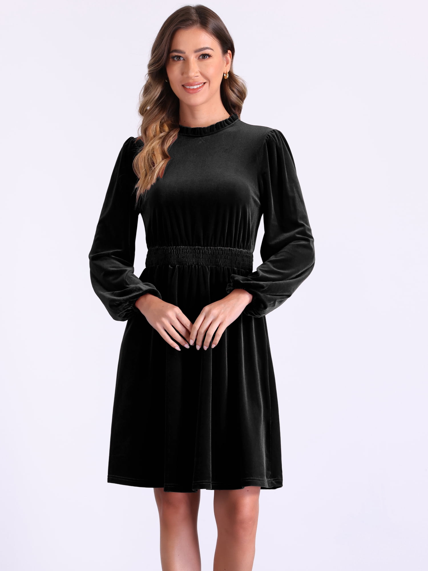 DARING DIVA Velvet Smocked Waistline Wedding Guest Dress L Black