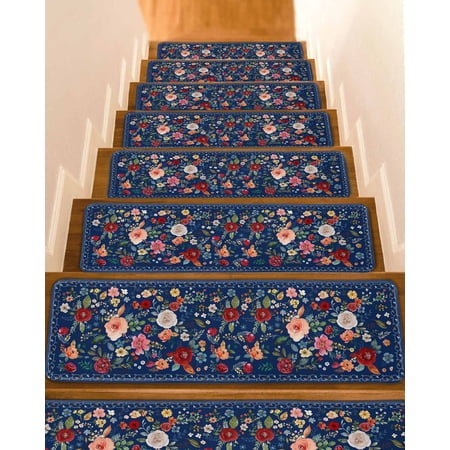 Navy Blue Flowers Stair Treads for Wooden Steps Indoor Runner Rug Carpet Spring Vintage Floral Leaves Farmhouse 10 Pieces Peel and Stick Staircase Step Treads Covers Washable Throw Door Mats 30 x8