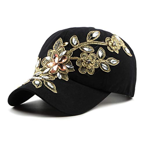Gudessly Bling Women Baseball Cap Flower Snapback Rhinestone Sun Hats Adjustable Denim Jeans Hat