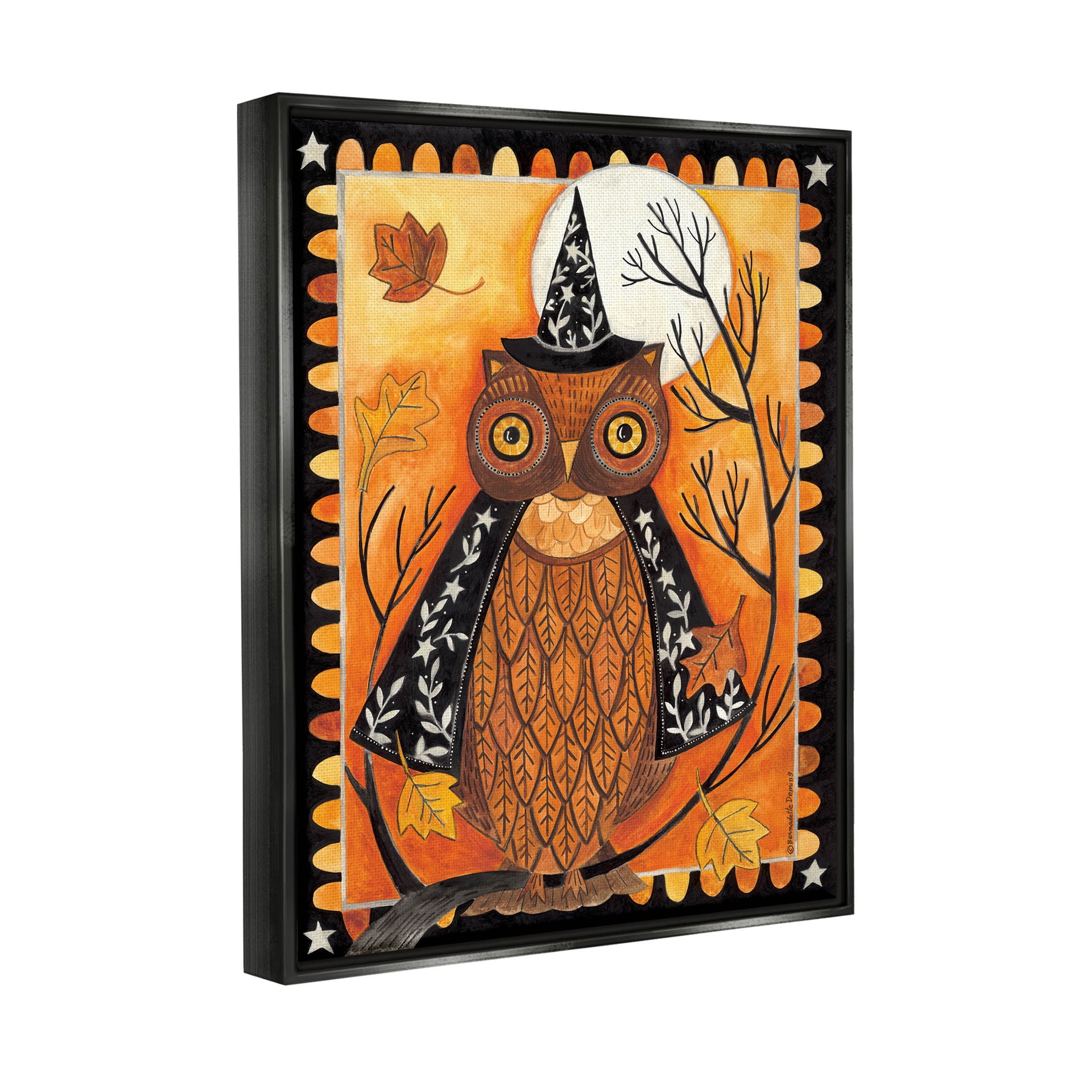 Seasonal Autumn Owl Moonlit Night Holiday Graphic Art Jet Black Framed Art Print Wall Art