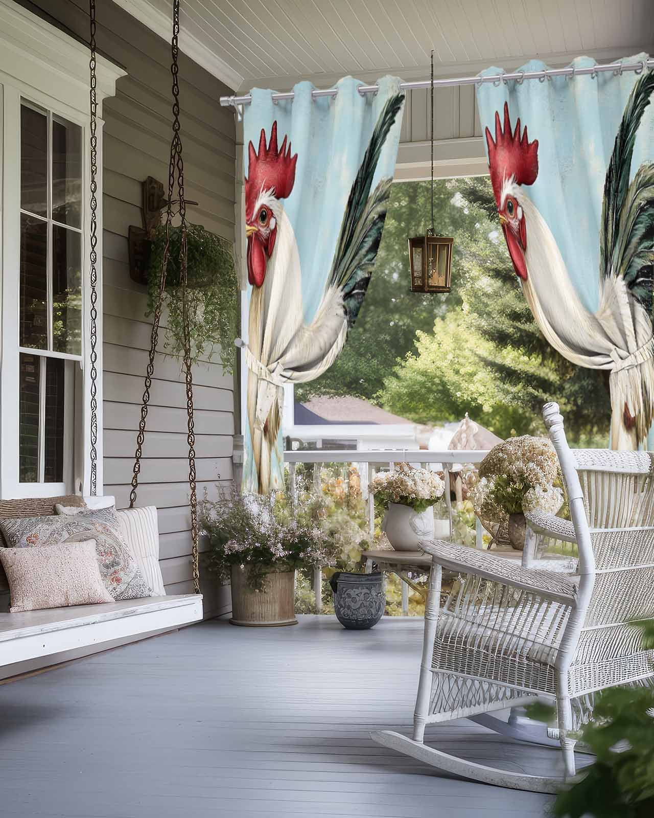 nqOlkjepod Outdoor Curtains for Patio Waterproof, White Spring Floral Rooster Outdoor Privacy Panels Grommet, Vintage Rooster Pastoral Blackout Outside Curtains for Porch/Cabana 54"x84", 1 Panel