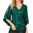 thumbnail image 2 of Green Womens Tops Womens Sequin Tops 3/4 Sleeve Glitter Sparkly Party Blouse V Neck Tops for Evening Party Blouses for Women Trendy, 2 of 6