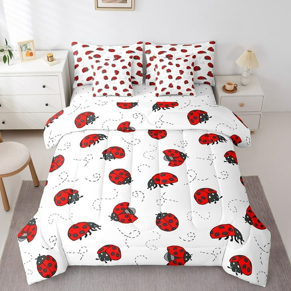 Erosebridal Red Ladybird Bedding Sets Twin Size,Cartoon Kawaii Comforter Sets with Sheets,Ultra Soft Bed in a Bag Twin size,Cute Decoration,7pcs
