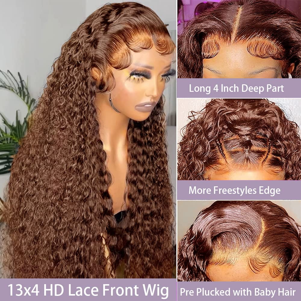 Chocolate Brown 13x6 HD Lace Frontal Wigs Deep Wave 250 Density Curly Human Hair Wigs for Black Women