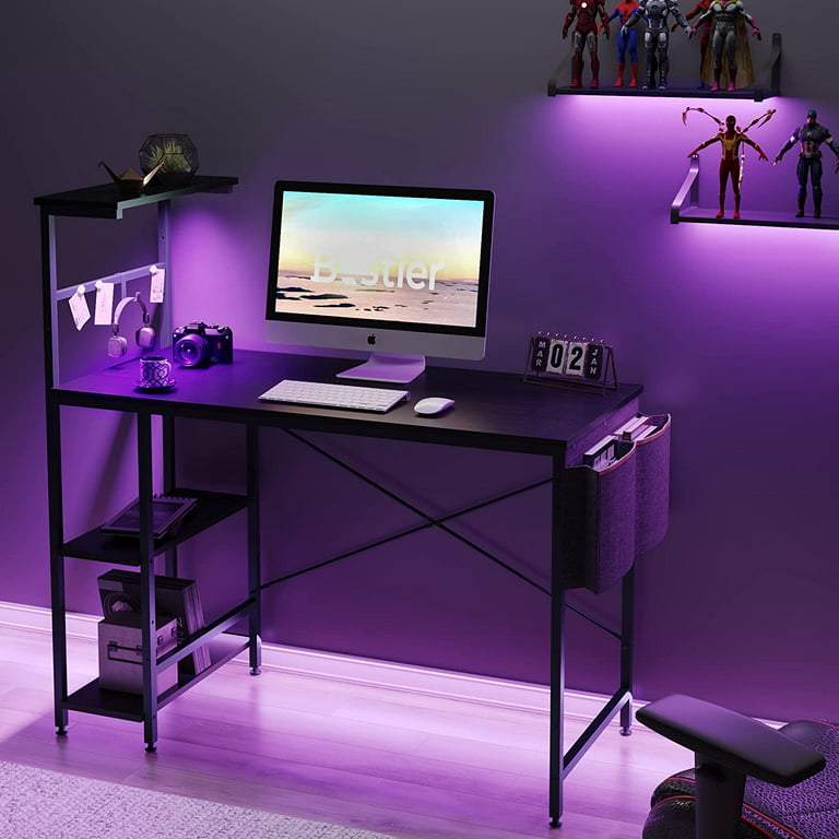  Bestier Gaming Desk with Shelves, 61 Inch Large PC Gaming Table  with LED Lights, Led Gamer Desk with 4 Tiers Reversible Storage Shelves for  Game & Bedroom Room (Black Grained) 