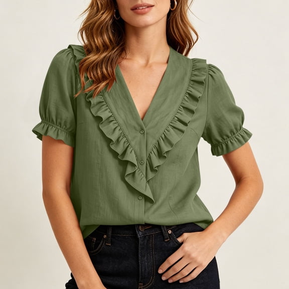 ClodeEU Women's V Neck Ruffle Trim Short Sleeve Button Down Blouses,Casual Lightweight Shirts for Summer ,Women's Plus L