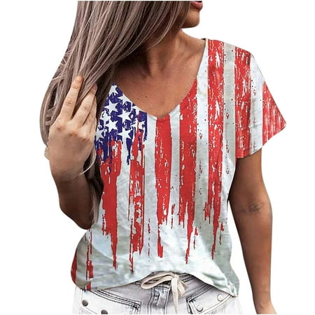 Xihbxyly Womens Plus Size Tops Summer Short Sleeve T-Shirt Casual Loose V Neck Tee Shirts July 4 Shirts for Women Independence Day Tops # Deals Of The Day Lightning Deals Clearance #4