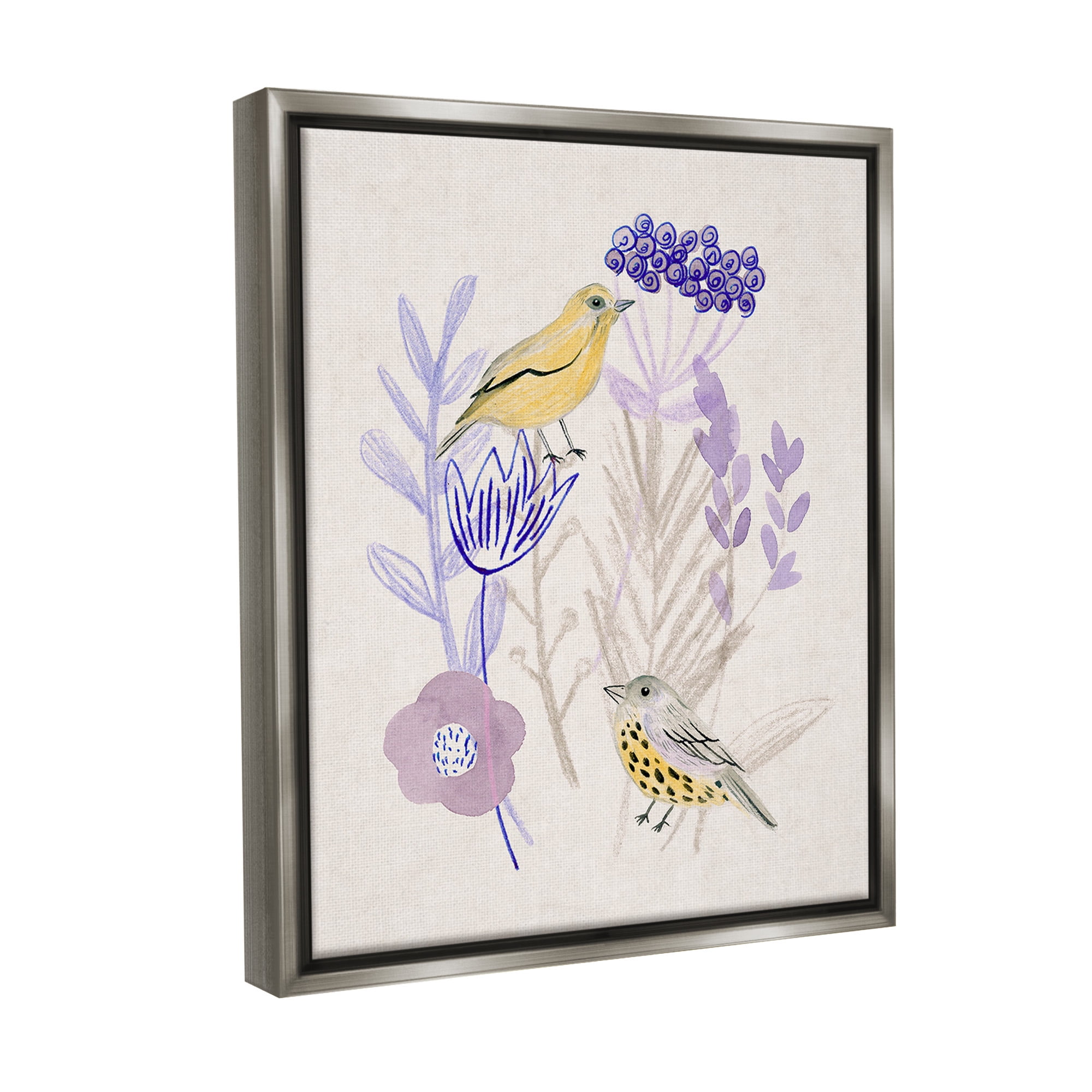 Stupell Industries Birds with Plant Sprigs Animals & Insects Painting Gray Floater Framed Canvas Art Print Wall Art, 17 x 21