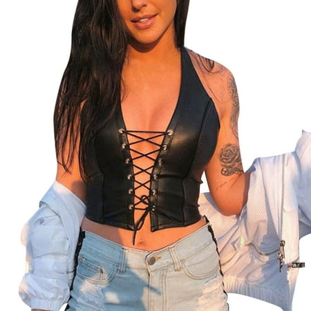 Outfmvch Lingerie for Women PU Leather Crop Tank Tops Halter Lace Up Camisole Vest for Casual Party Festival Rave Underwear Women