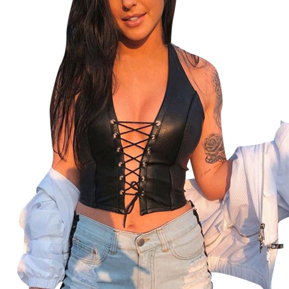 WZXFASHION Débardeur Court Aguichant en Cuir PU pour Femmes Dos Nu Lacé Camisole pour Fête Décontractée Festival Rave TubeTops Noir m
