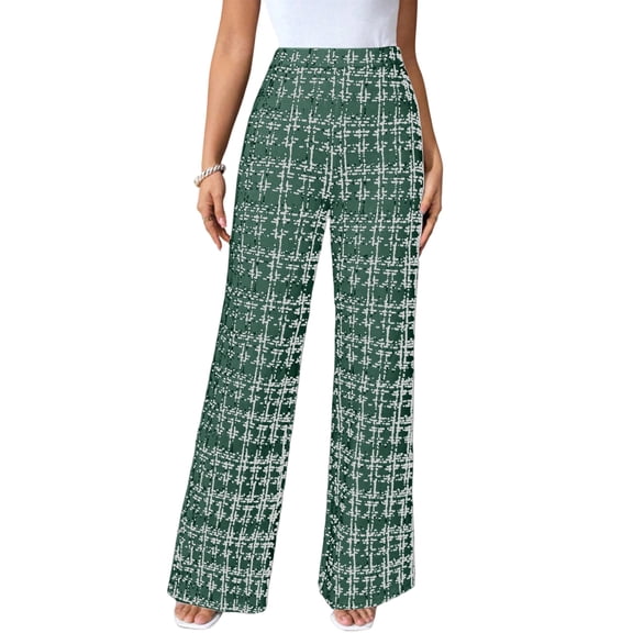 Women's Plaid Flare Pants Elastic High Waisted Bell Bottom Old Money Trousers Business Casual Pants Green M