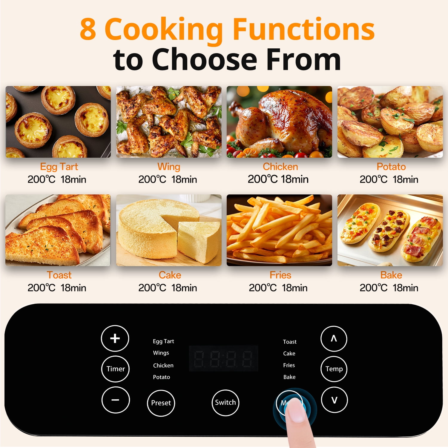 TINANA 10 QT Air Fryer Oven, 8 Preset Functions, LED Smart Touch Display, Oil-Less Cooking, Visible Window, Black