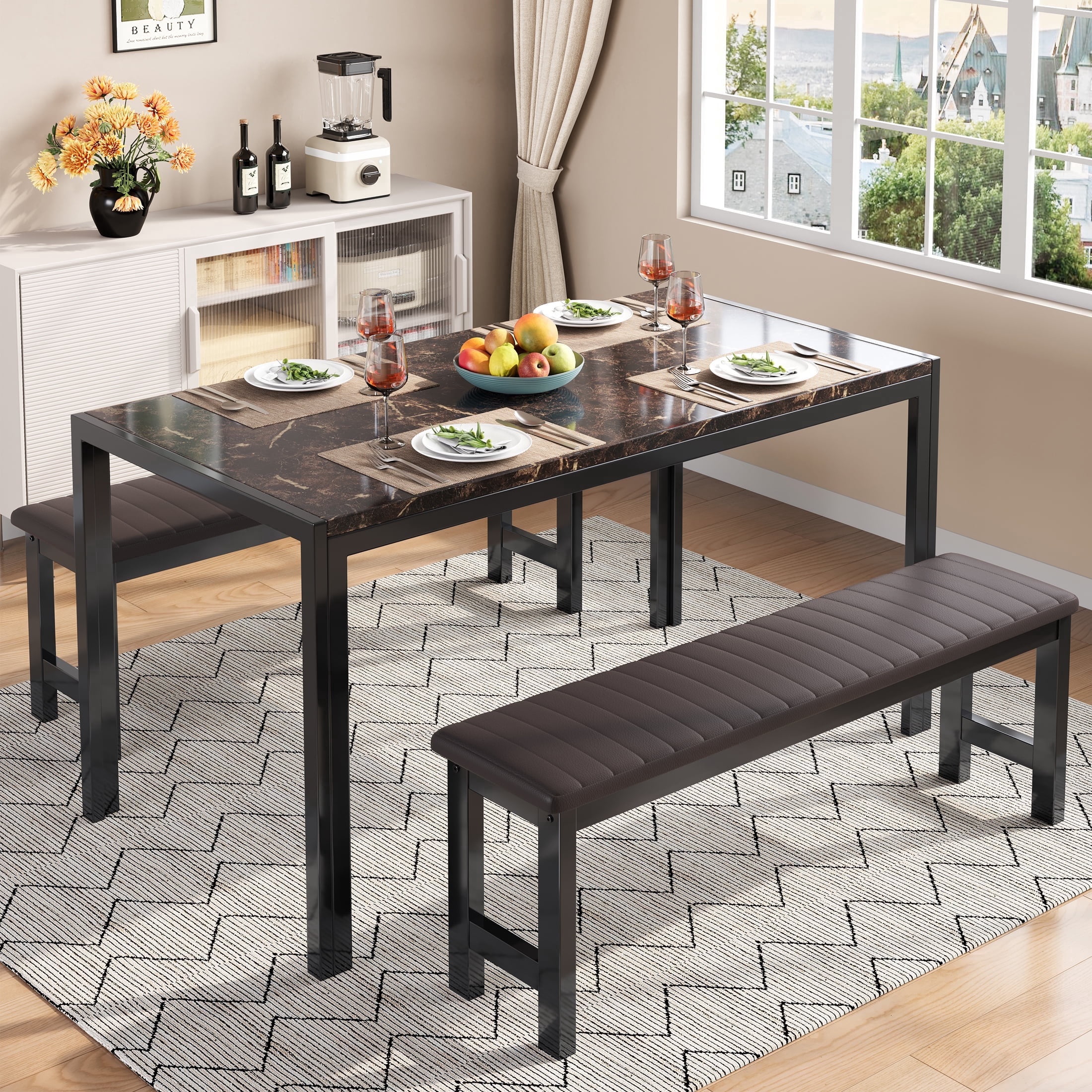 PORKISS Dining Table Set for 4, 3 Piece Kitchen Table Set with 2 PU Leather Benches, Faux Marble Dining Room Table Set, Breakfast Nook Table Set for Small Spaces, Apartment, Brown+Black