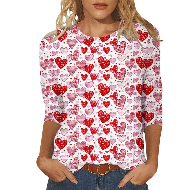 Penkiiy Chemises de la Saint-Valentin pour Femmes Décontractées Manches 3/4 Col Rond Blouses Imprimé Mignon Tuniques Tops 2025 TG Multicolore