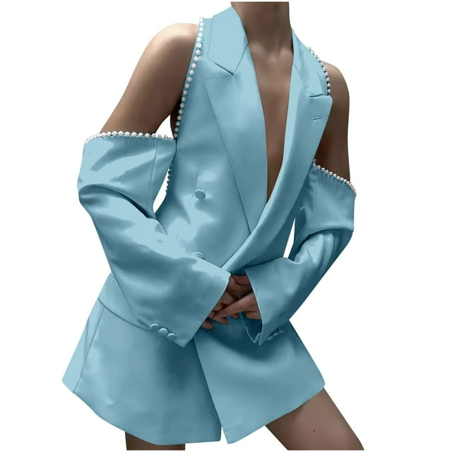 Gpaecead Robe Blazer à Épaules Dénudées pour Femmes, Cardigan à Garniture de Perles, Blazer Habillé pour le Travail, Veste Blazer, Tenue de Bureau Décontractée, Tunique à Revers Cranté