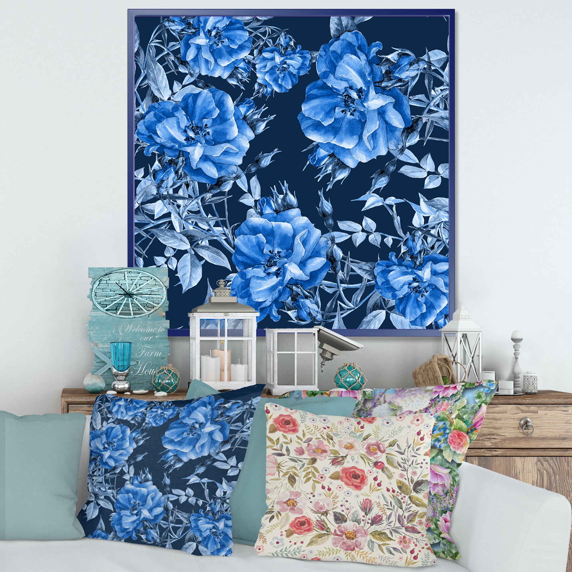 Designart 'Abstract Blue Wildflowers' Modern Framed Canvas Wall Art Print