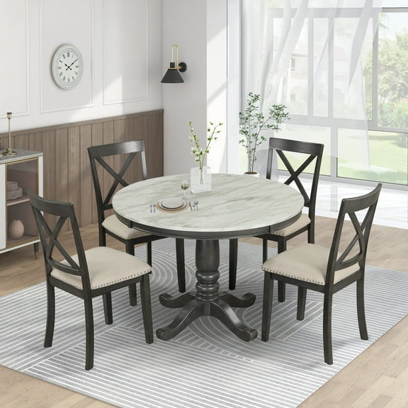 EUROCO 42" 5-Piece Round Dining Table Set,Kitchen Table Set with Solid Wood Table and 4 Upholstered Chairs for Dining Room,Gray