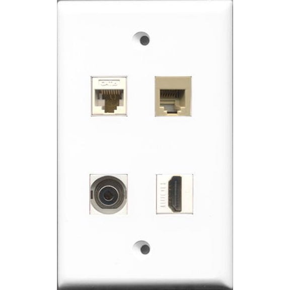 RiteAV 1 Port HDMI and 1 Port Phone RJ11 RJ12 Beige and 1 Port 3.5mm and 1 Port Cat6 Ethernet White Wall Plate