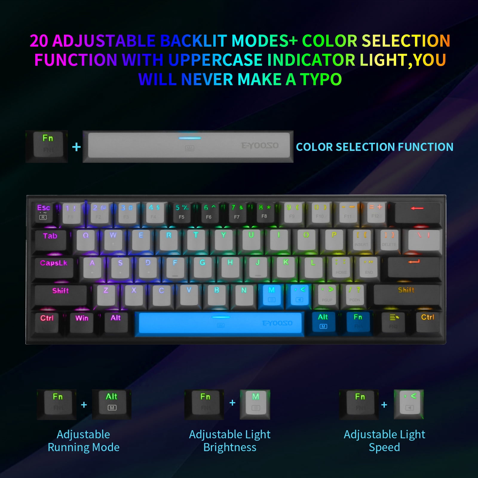 60% Wired Mechanical Gaming Keyboard, E-YOOSO RGB Backlit Ultra-Compact 61 Keys Hot Swappable Mini Waterproof Wired Office Keyboard with Red Switches for Windows, Mac OS Gamers (Grey Black)