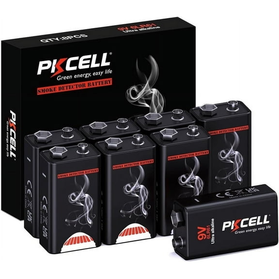 Pkcell 9V Battery 6LR61 PP3 1604A 9Volt Alkaline Batteries for Purpose Battery Smoke Detector 8 Count
