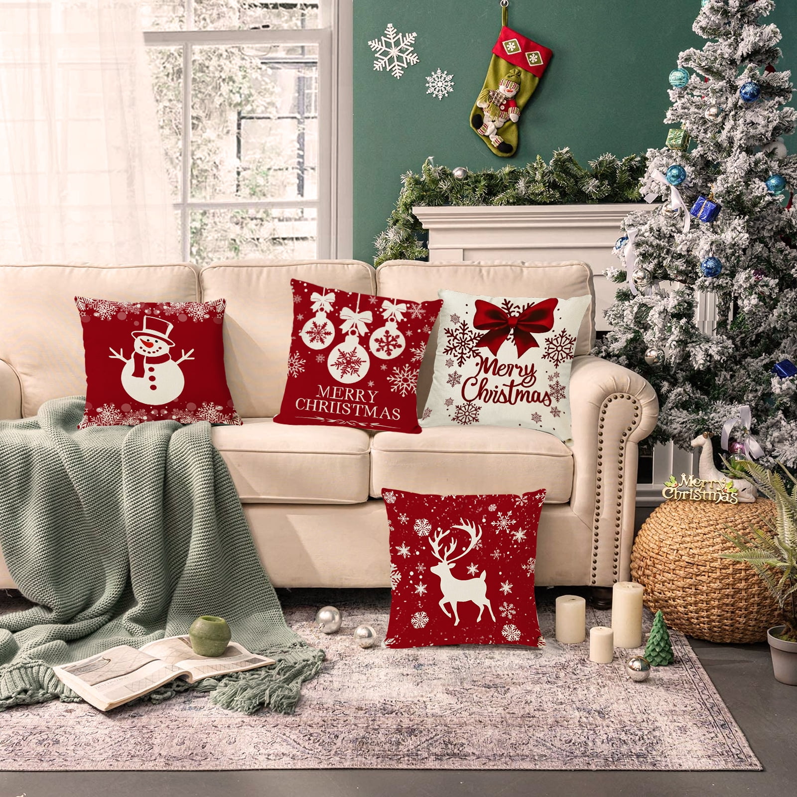 Qoosea Christmas Pillow Covers 18x18 Inch Set of 4 Farmhouse Christmas Pillow Covers Christmas Pillow Cases for Sofa Couch Christmas Decorations Throw Pillow Covers