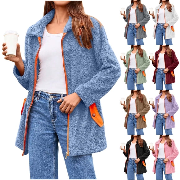 Tops de manga larga,Chaqueta informal para mujer, manga larga, bolsillo con cremallera en contraste, cuello alto, poliéster, corte holgado para uso diario, sopatenor