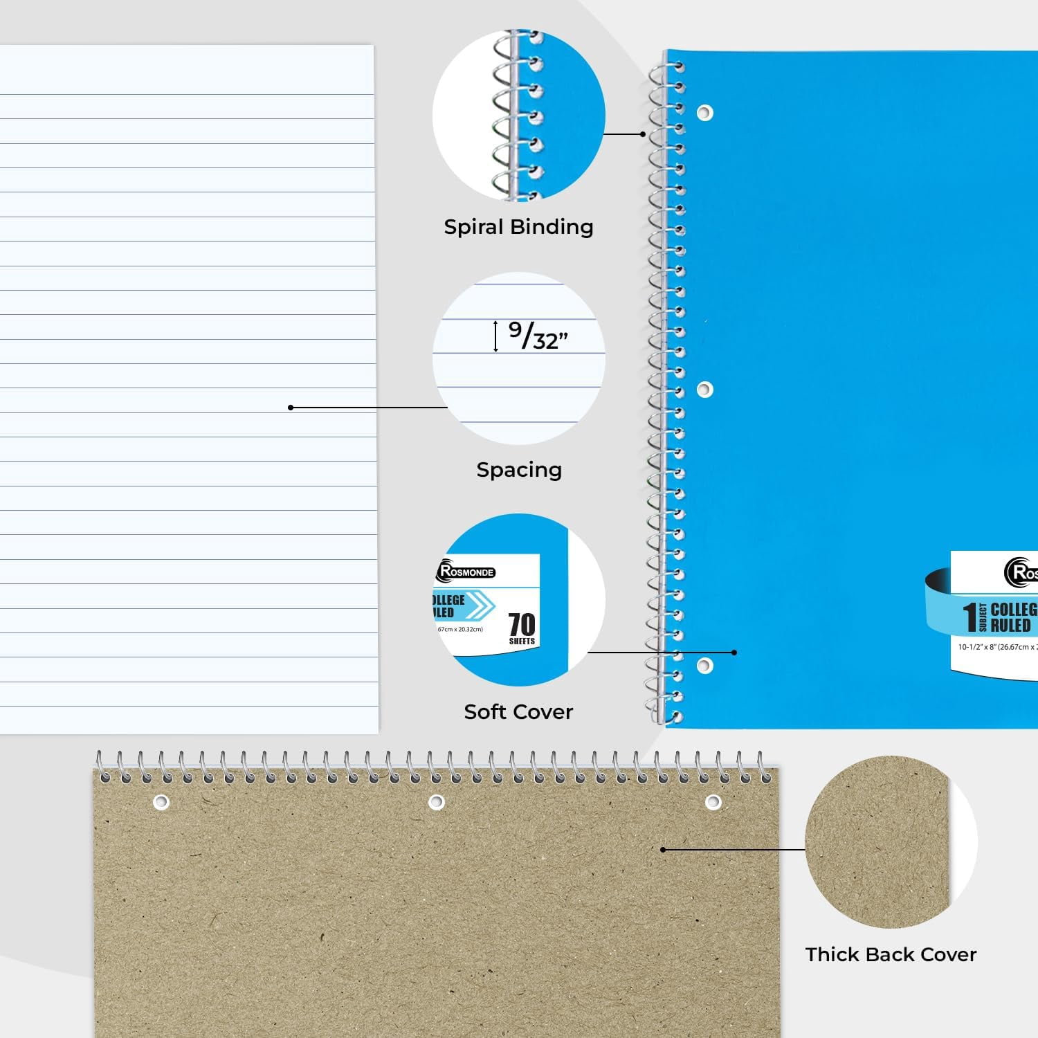 Rosmonde Spiral Notebooks Bulk Pallet, 5000 Pack, 1 Subject, College Ruled, 70 Sheets (140 Pages), 8 x 10.5 in, Bulk Spiral Notebooks for School Districts & Office, 4–7 Day Transit