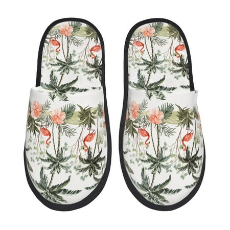 Balery Flamingo Palm Trees Slient Indoor Furry Fleece Comfort House Shoes Soft Non-Slip Home Shoes Cotton slippers House Slippers-- Large