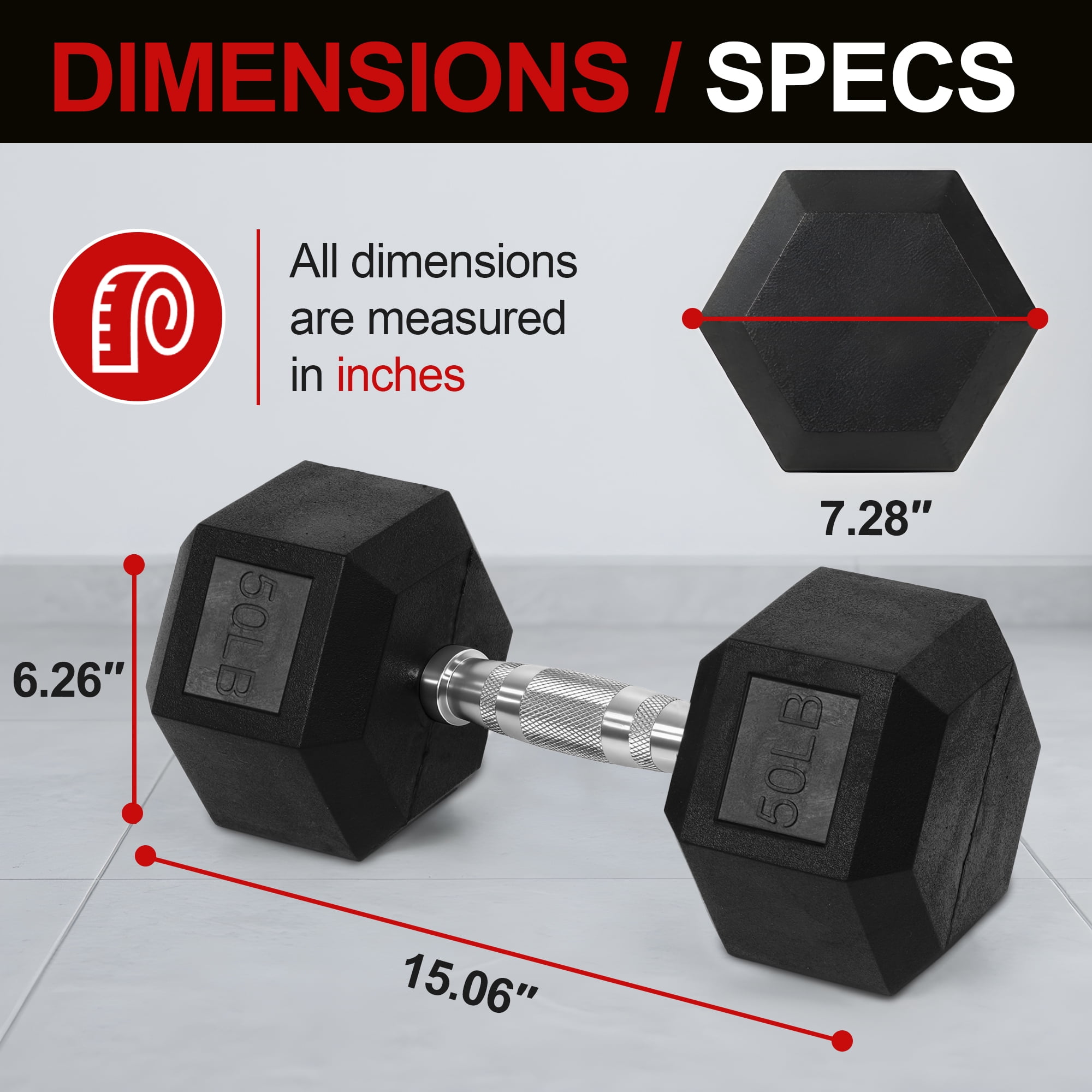 Flexwave 50 LB Rubber Hex Dumbbells, Set of 2, Non-Slip Grip for Home Gym Strength Training