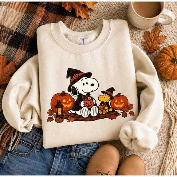 Greenora Witch Hat Halloween Sweatshirt, Cute Dog Friends Cotton Blend, S-5XL