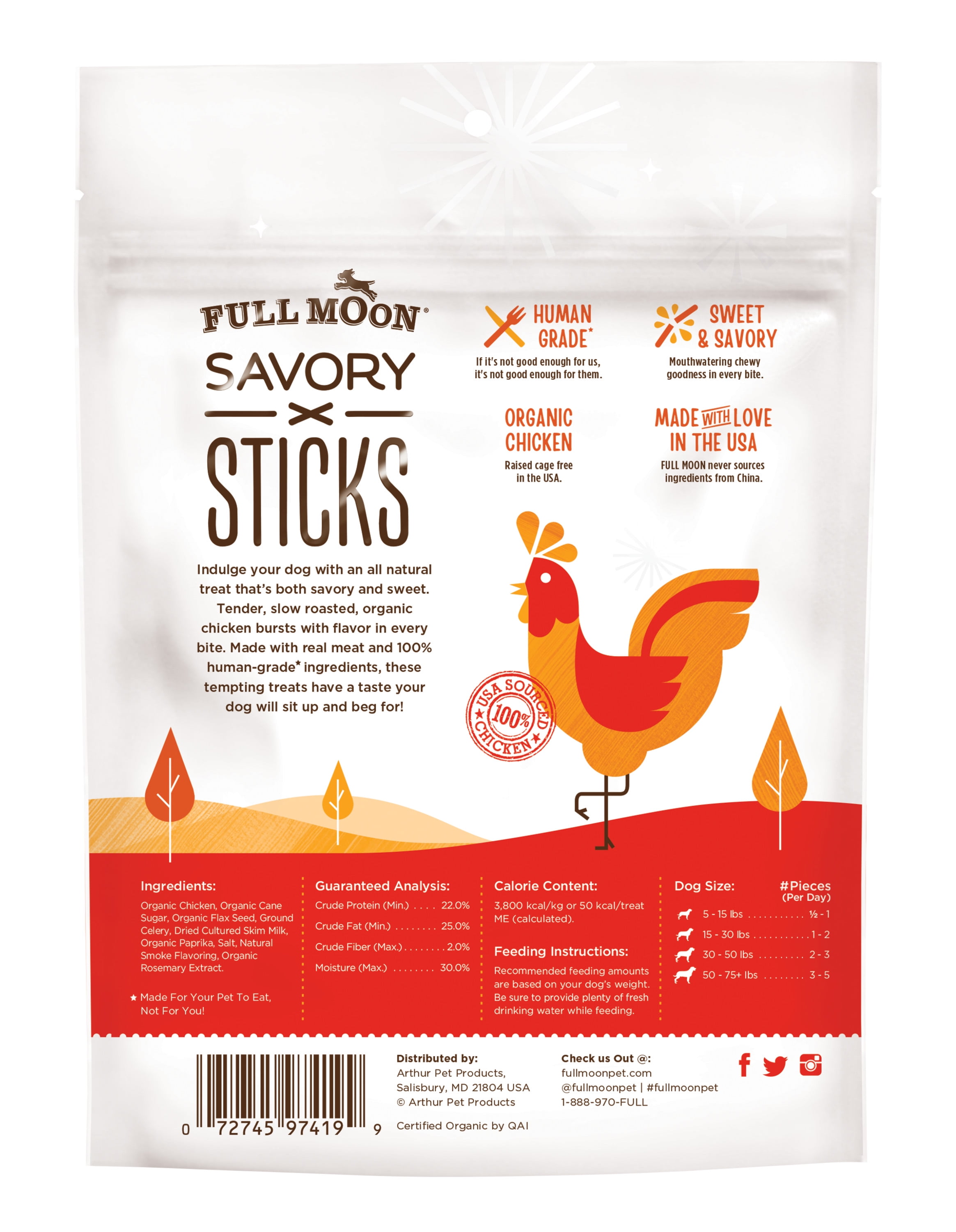 Full Moon Human Grade Dog Treats, Organic Chicken Savory Sticks, 6 Ounce