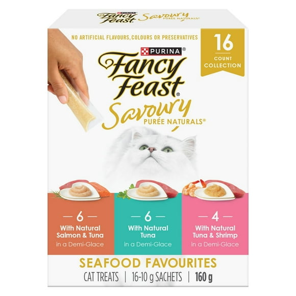 Fancy Feast Savoury Purée Naturals Emballage Assorti Délices Fruits De Mer, Gâteries pour Chats 10 g x 16
