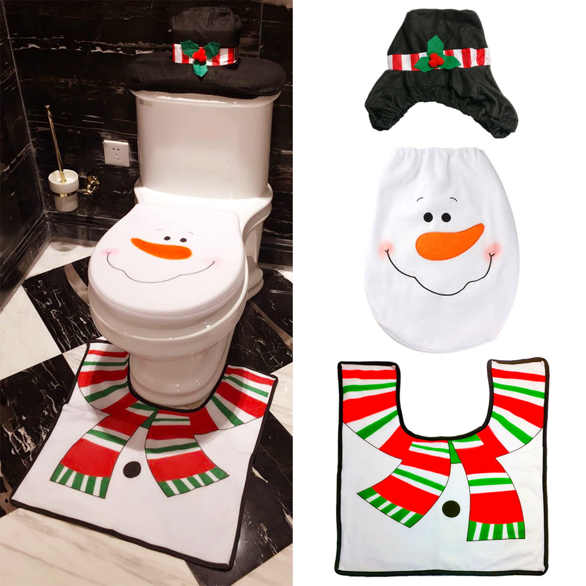 3pcs Set Christmas Snowman Toilet Seat Covers Bathroom Mat Rug Xmas Decorations