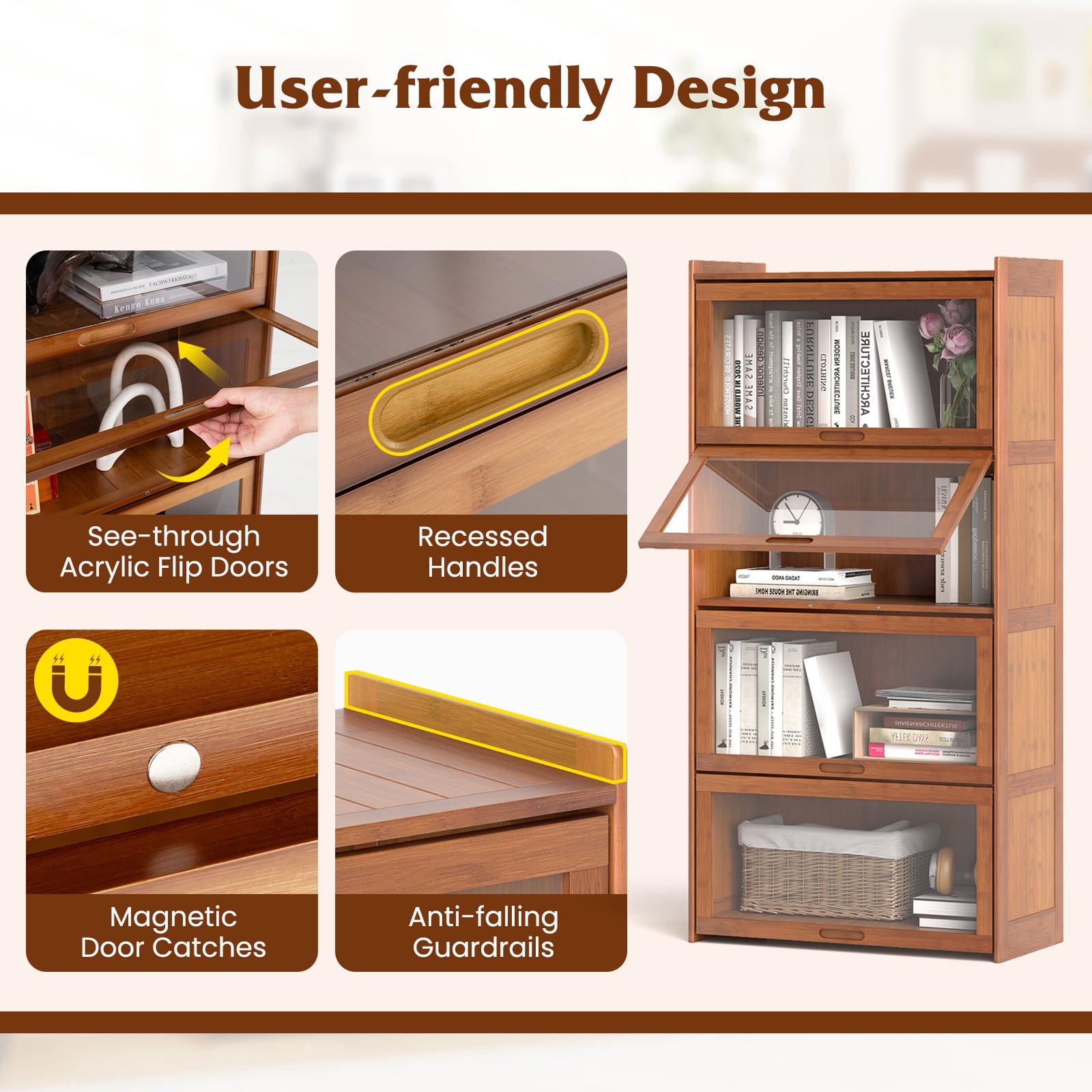 Gymax 4-Tier Bamboo Bookshelf w/Doors See-through Acrylic Doors Freestanding Bookcase Brown