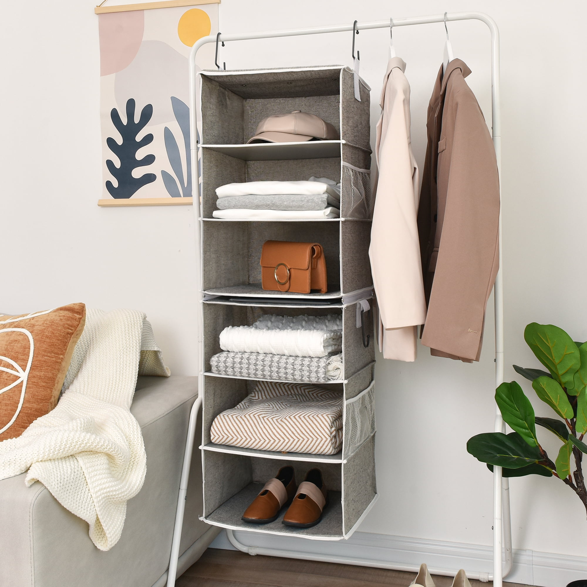 StorageWorks Fabric Hanging Closet Organizer, 6-Shelf Hanging Storage Organizer for Cabinet, Gray, 12"x12"x42"