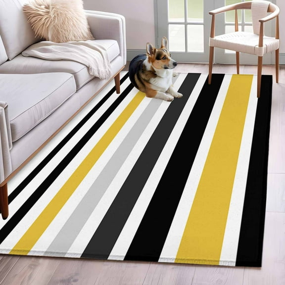 Yellow Black Stripe Area Rug 3x5 Washable Rug Non Slip Modern Abstract Art Coarse Striped Large Area Rug Indoor Floor Carpet for Entryway Bedroom Kitchen Living Room Home Office Dining Room Nursery